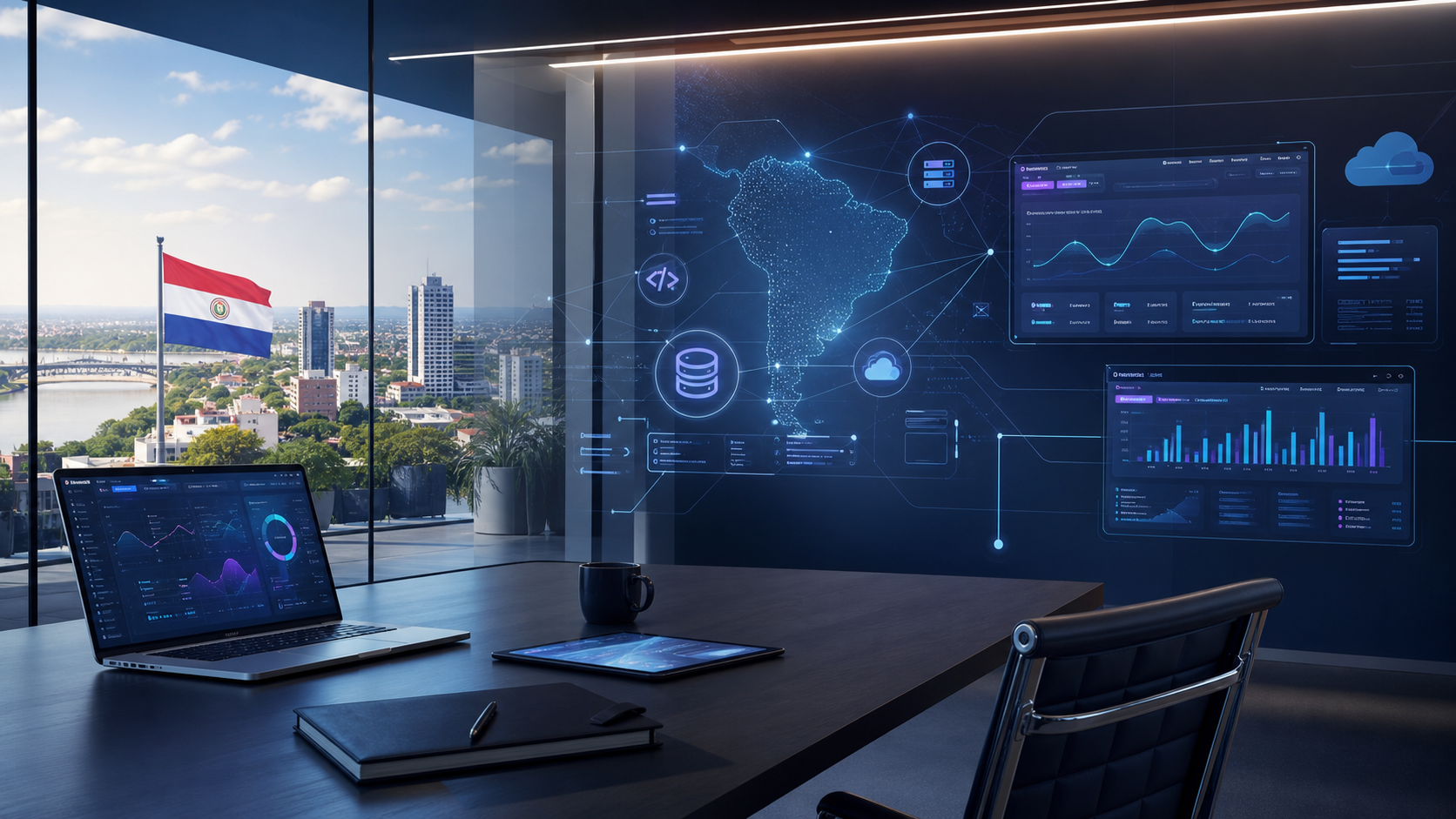 Entorno tecnológico empresarial con tableros digitales e integraciones